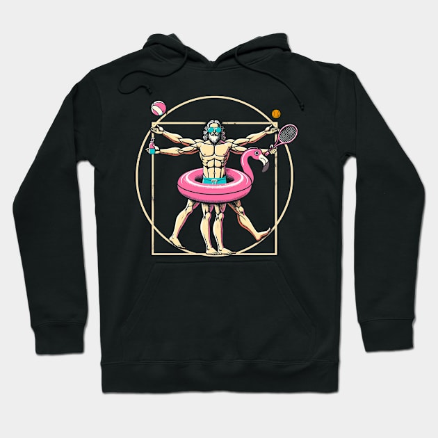 Pool Party Pink Flamingo Vitruvian Man Novelty Funny Summer Hoodie by KsuAnn